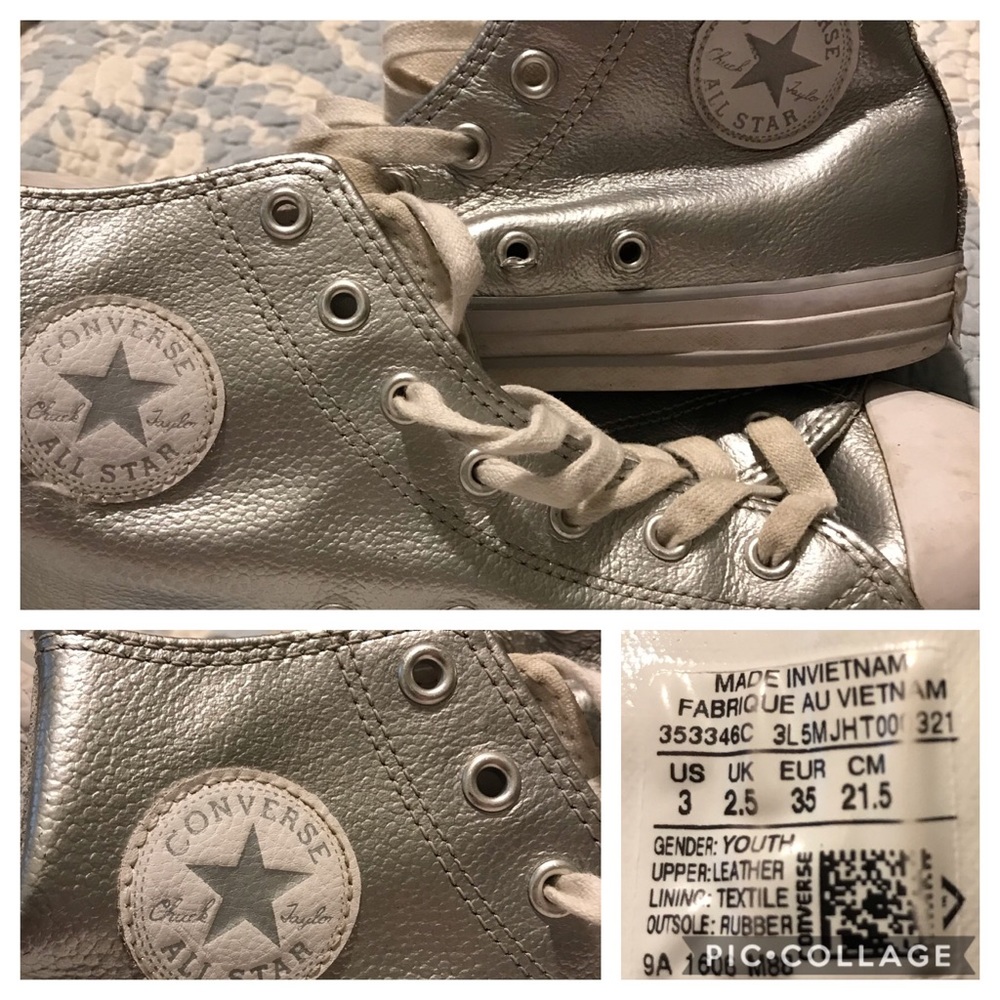 Converse High Tops Silver Leather 3 youth 5 Women